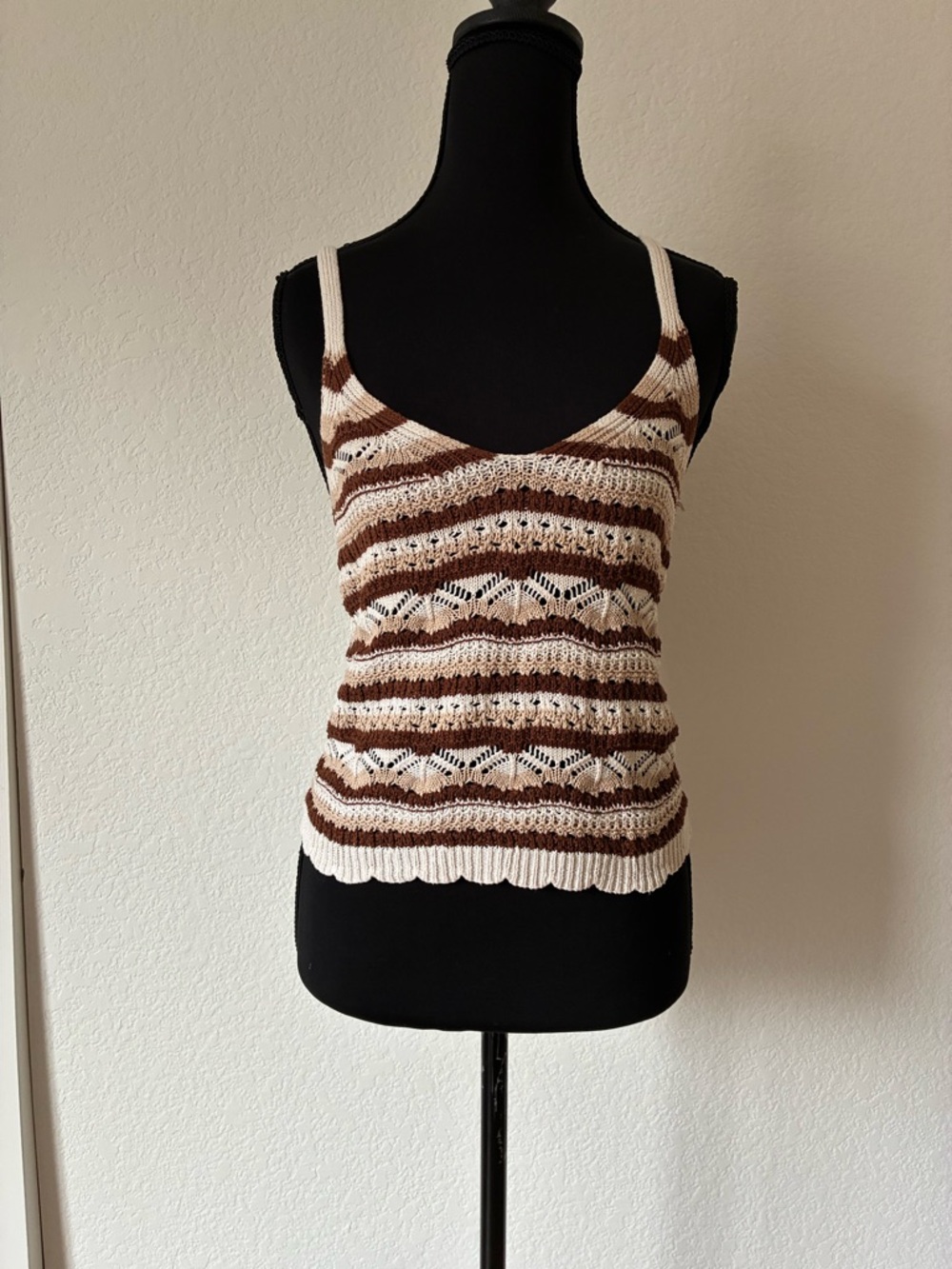 Vintage 90s Y2K Stripe Crotchet Tank Top Cream and Brown Hippy Festival Boho